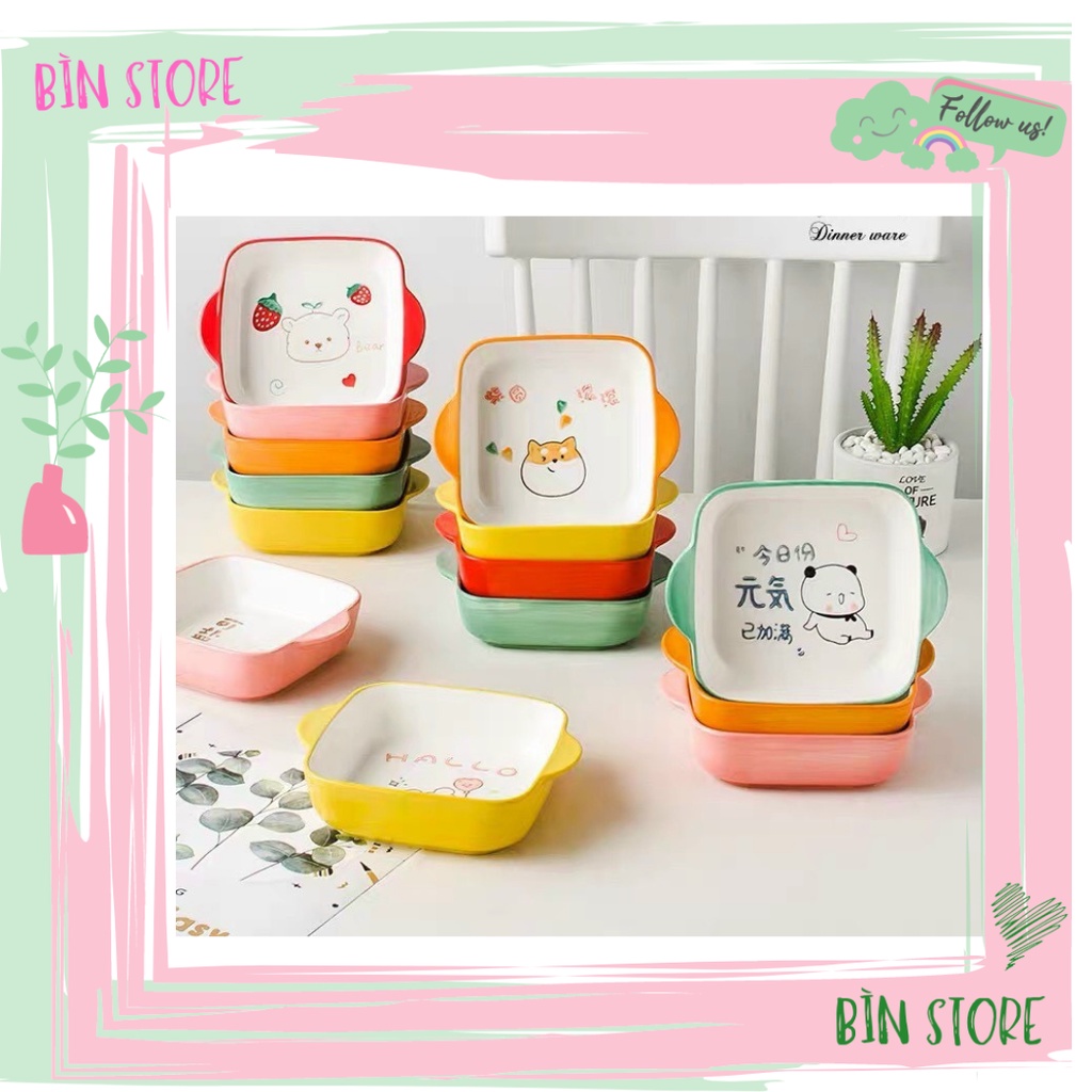 Bát sứ chịu nhiệt vuông 2 quai cầm trang trí bàn ăn xinh xắn nhiều màu, thố sứ đựng thức ăn dặm cho bé BÌN STORE