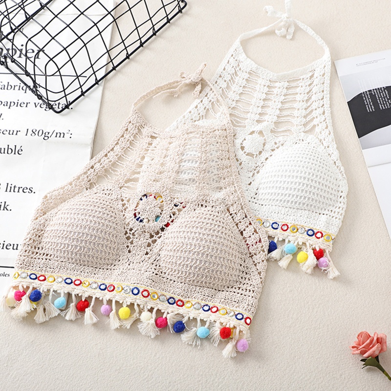 Brroa Áo Ngực Dạng Dây Tua Rua Viền Quả Cầu Vồng Họa Tiết Vòng Tròn Đan Móc Rỗng Boho Cho Nữ Sw