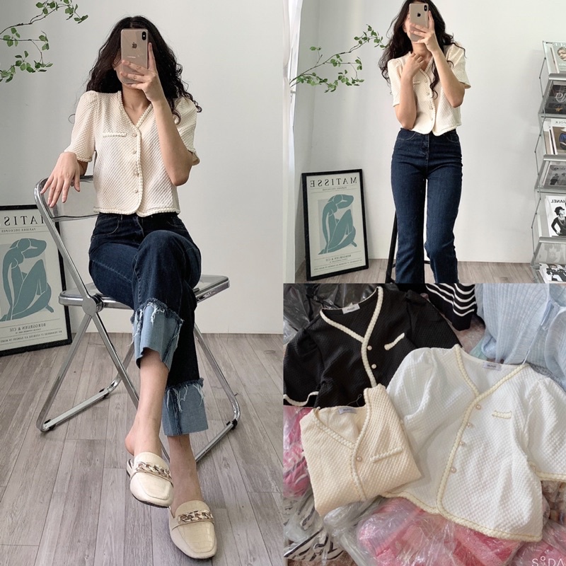 Áo mongtogi bo viền 157 không túi khuy trắng cổ Vsang chảnh Áo len Hàn Quốc