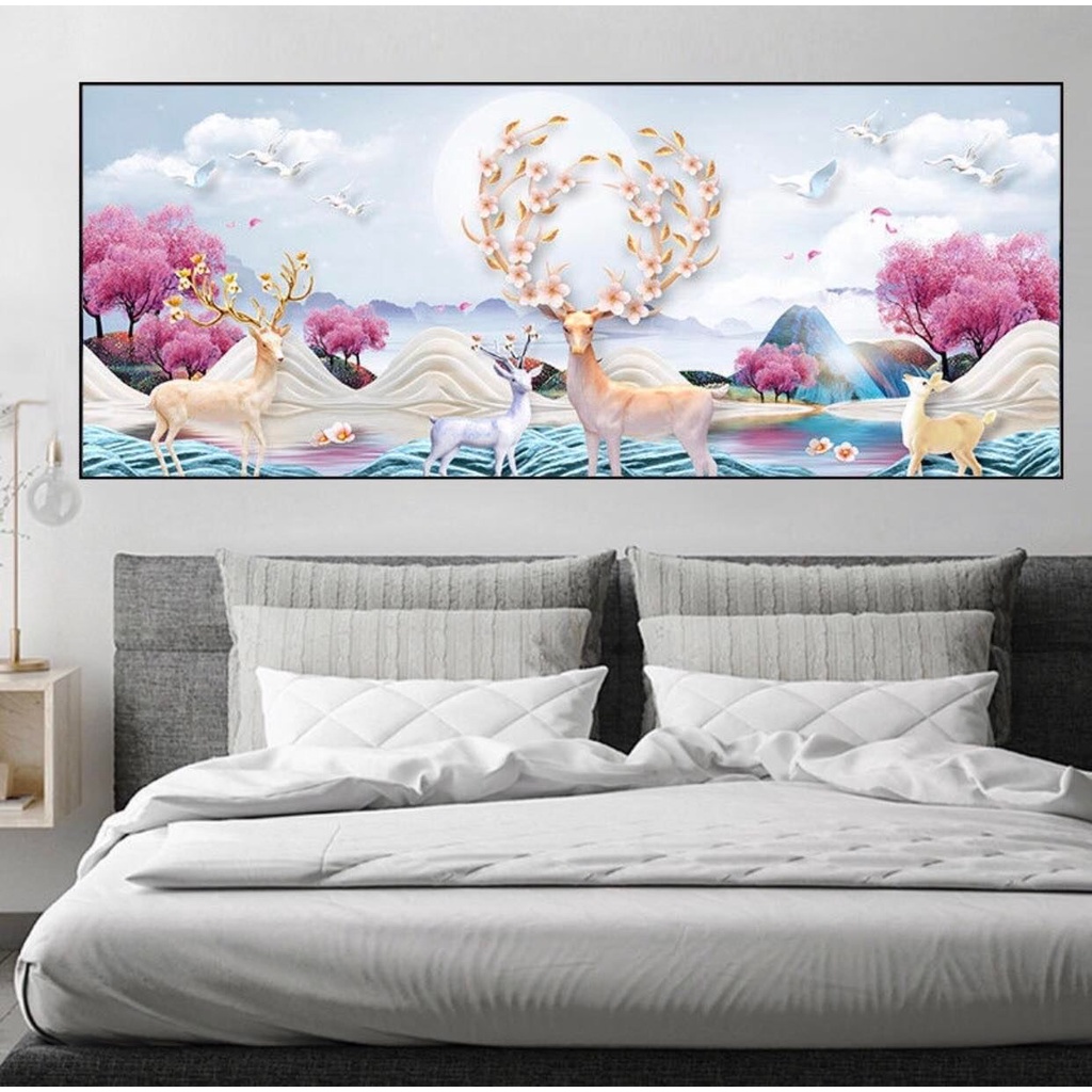 Tranh thêu kín Hươu Tài Lộc Phú Quý E67, E76 (100x55cm) - tranh chưa thêu