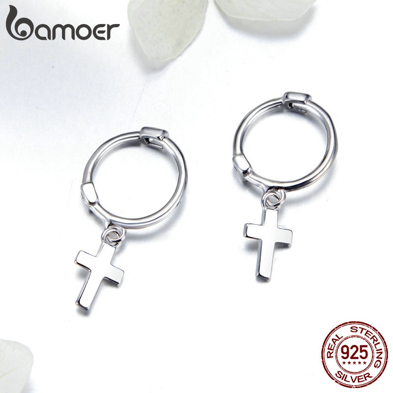 Khuyên tai BAMOER SCE547 hình thánh giá bằng bạc 925 thời trang cho nữ