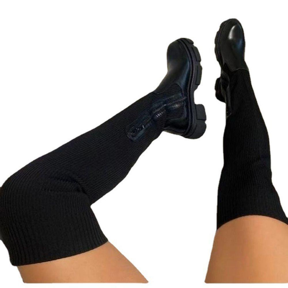 Giày Bốt Cổ Cao Qua Đầu Gối Mũi Tròn Chống Trượt Cho Nữ