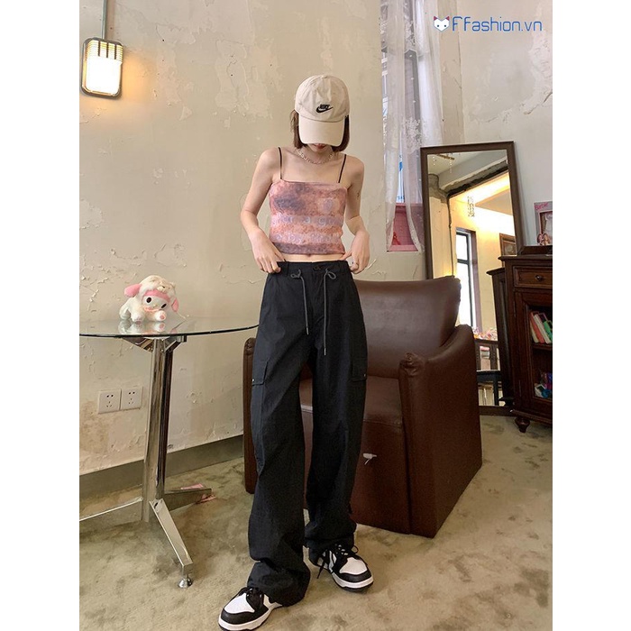 Quần Yếm Ống Rộng Lưng Cao Dây Rút Màu Đen Phong Cách Retro Mỹ Thời Trang Mùa Hè Cho Nữ