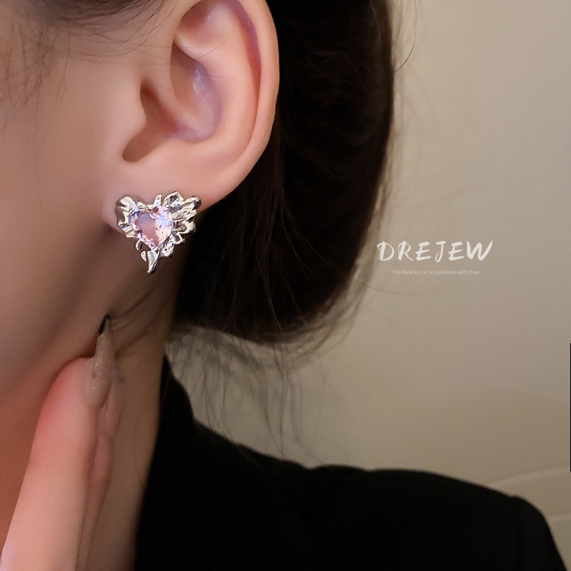 DREJEW Khuyên tai mạ bạc đính đá zircon trái tim tua rua phong cách baroque Hàn Quốc