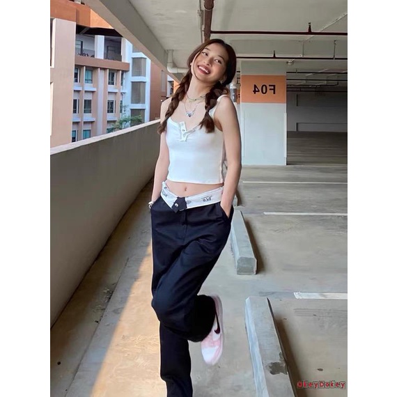 y2k Quần dài lưng thấp in số và chữ phối màu phong cách cá tính thời trang cho nữ