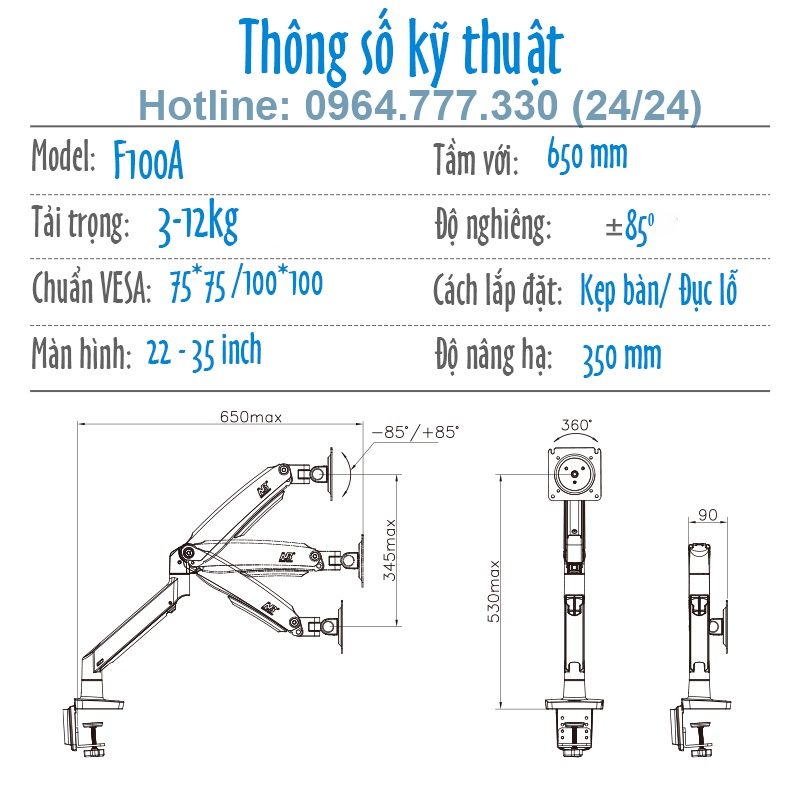 F100A [TRẮNG/ĐEN] Giá treo màn hình máy tính #Tay đỡ màn hình máy tính # Bản Nâng Cấp của F80 [màn hình 22 -35 inch]