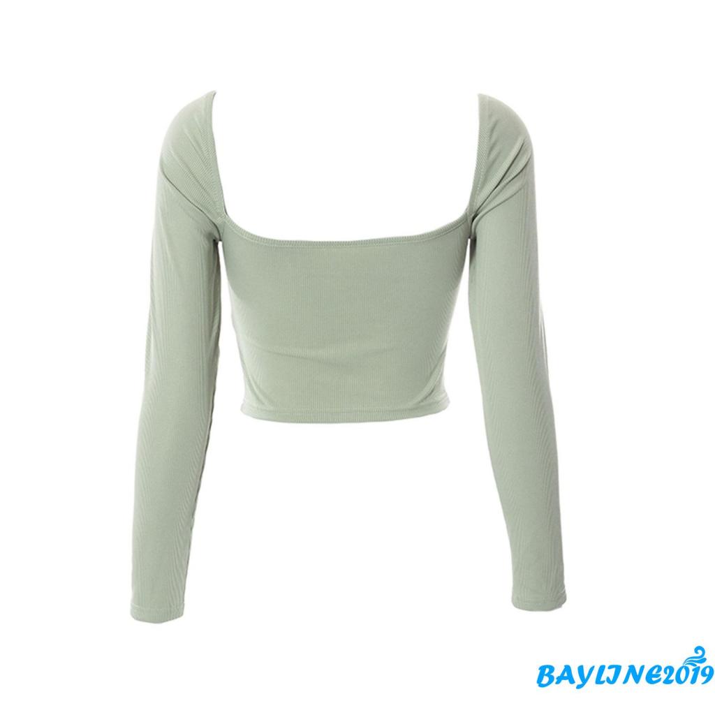 Áo Croptop Tay Dài Cổ Chữ V Màu Sắc Đơn Giản Cho Nữ