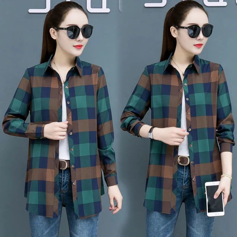 Áo sơ mi caro tay dài dáng rộng phong cách retro Hàn Quốc mới cho nữ
