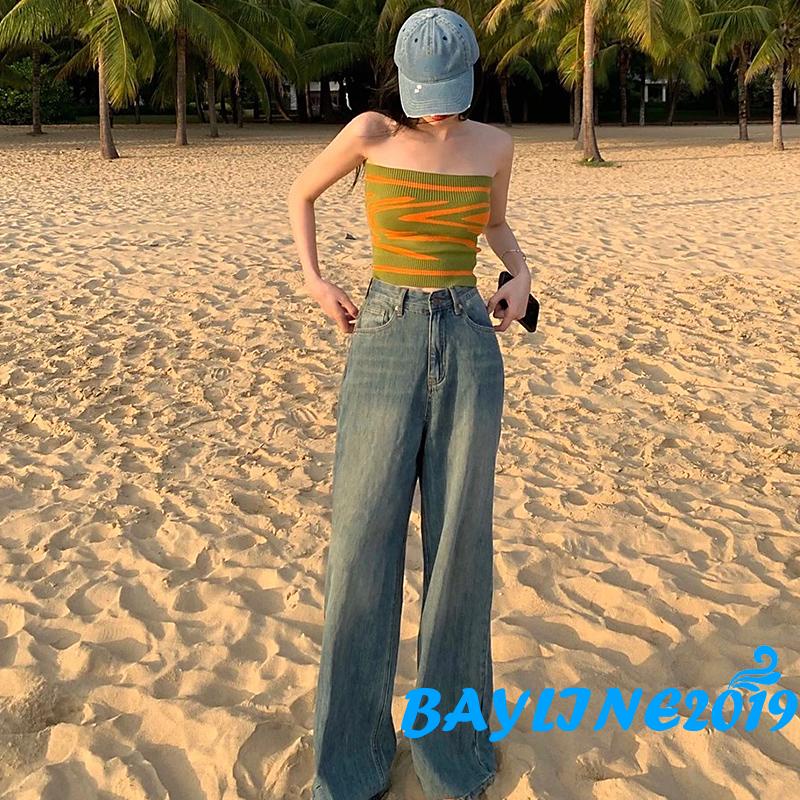 Áo Croptop Dệt Kim Không Tay Hở Vai Họa Tiết Kẻ Sọc Màu Xanh Lá Thời Trang Đường Phố Cho Nữ