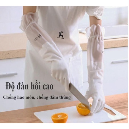 Găng Tay Rửa Chén Bát Lót Nỉ Siêu Dai Dài Tay - Cổ cao - Có chun chống tụt