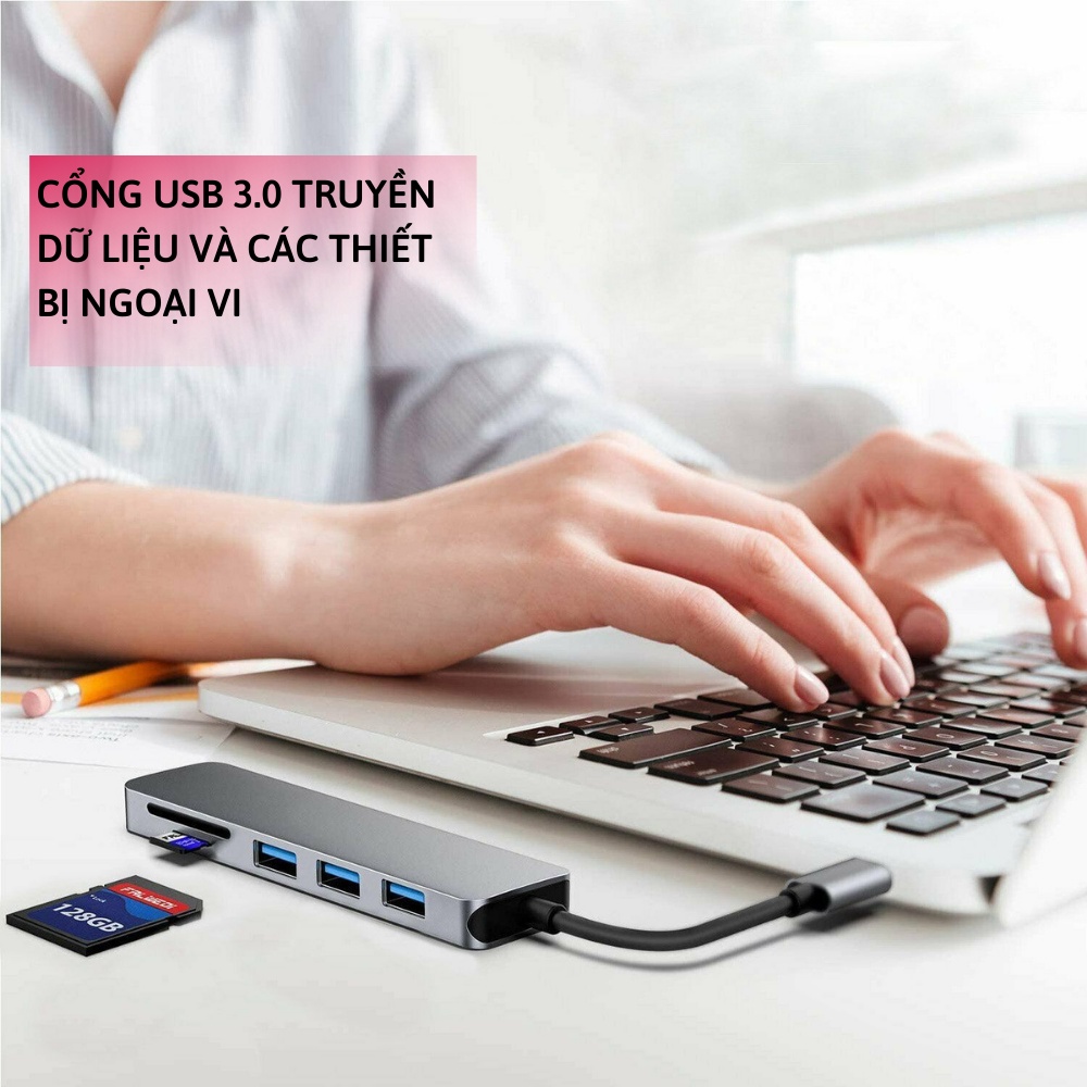 Hub USB Type C Hub Type C 6 in 1 to SD Card/ TF Card/ 3 cổng USB/ 1 HDMI 4K