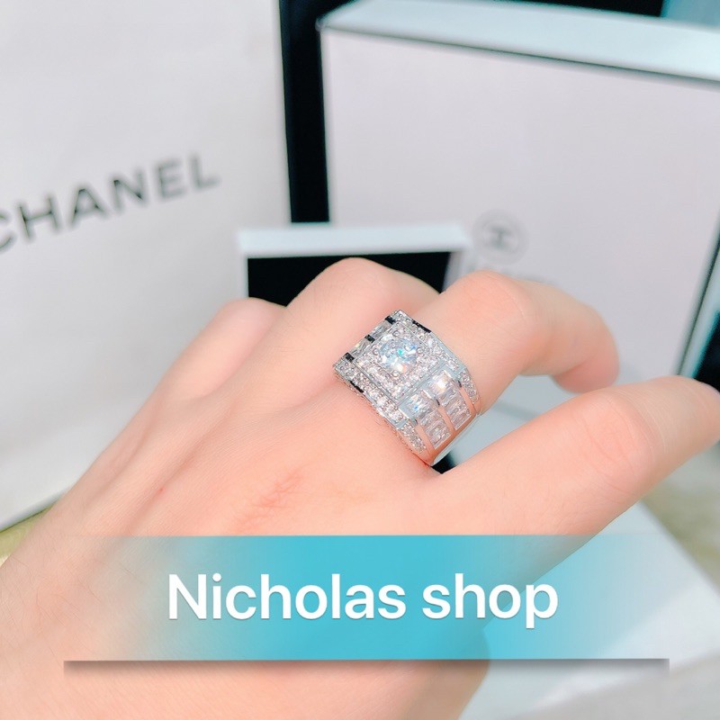 Nhẩn nam full đá bagguet mạ bạch kim