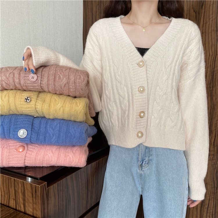 Áo cardigan dệt kim tay dài cổ chữ v form rộng phong cách phương Tây