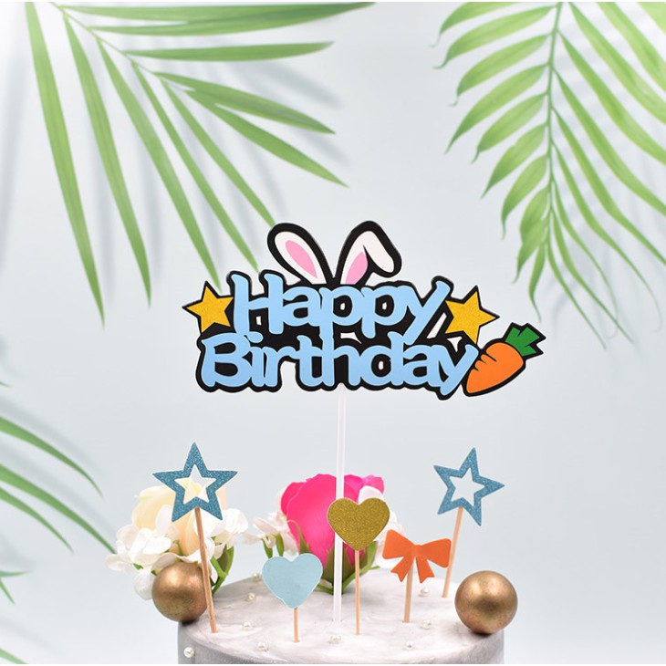 Hình cắm Happy Birtday Thỏ cà rốt trang trí bánh kem, topper cake | BigBuy360 - bigbuy360.vn