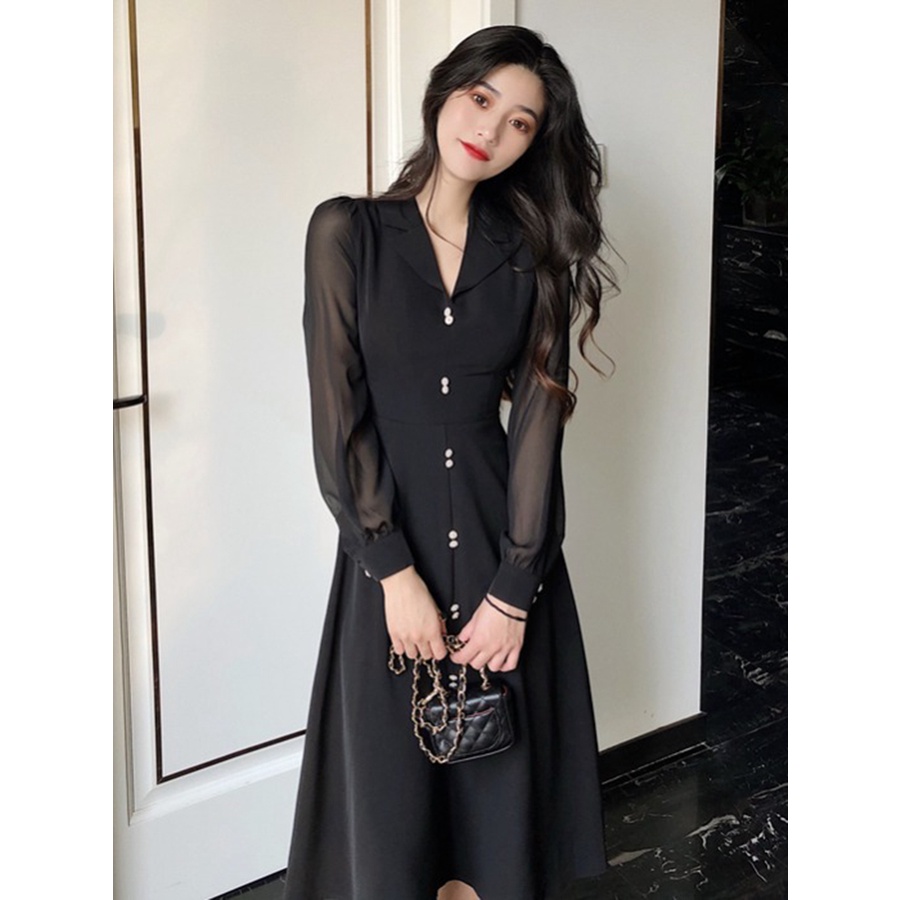 Đầm dài tay cổ vest tay phối cúc ngọc sang trọng Korean style - u.w