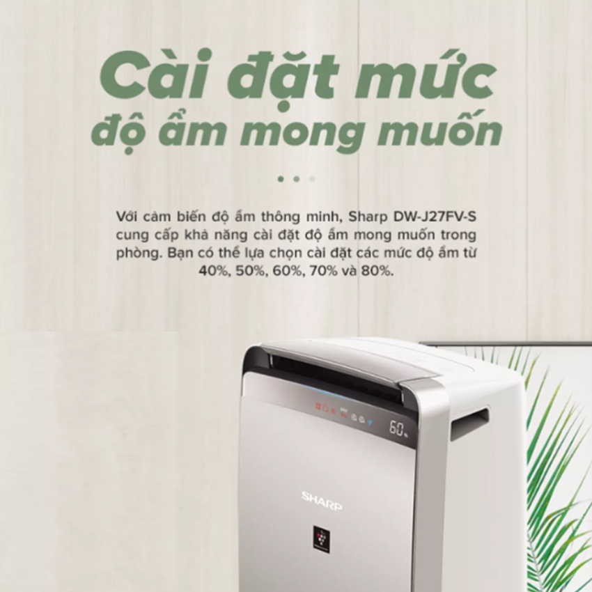 Máy lọc không khí tạo ion hút ẩm Sharp DW-J27FV-S loại bỏ bụi mịn vi khuẩn ẩm mốc khử mùi hôi Công nghệ J-Tech Inverter