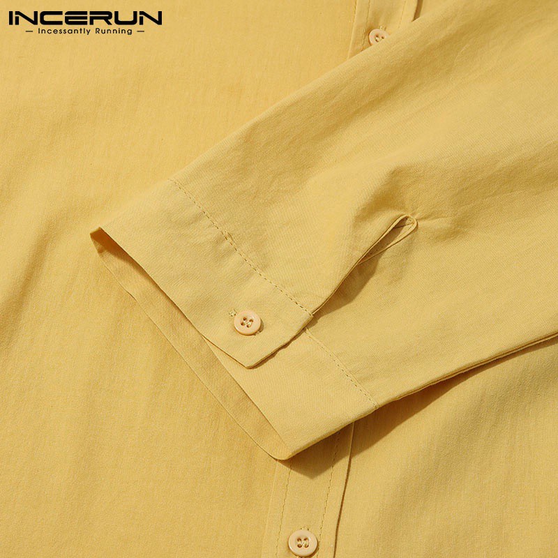 Áo sơ mi INCERUN dáng rộng tay lửng vải cotton màu trơn có khuy gài đơn giản 4 màu tùy chọn cho nam
