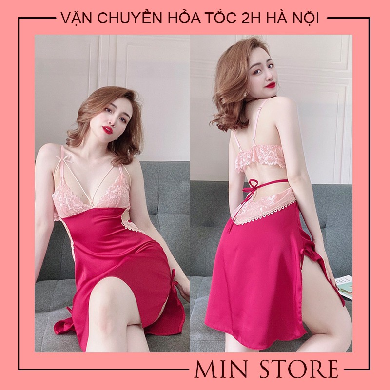 Váy ngủ 2 dây cao cấp lụa satin sexy gợi cảm phối ren khoét sườn V003 | BigBuy360 - bigbuy360.vn