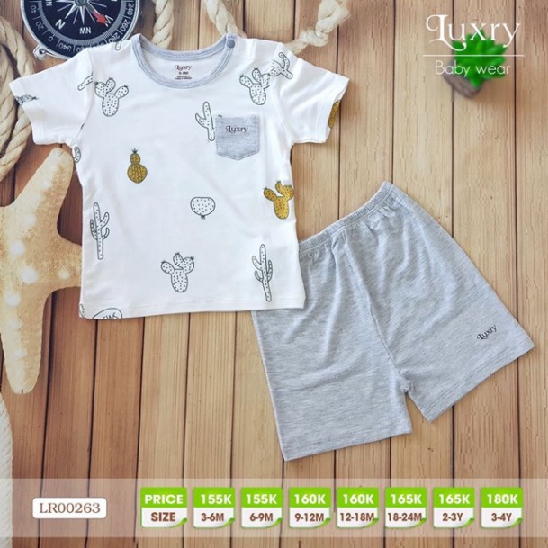 Bộ quần áo cộc tay cài vai họa tiết vải sợi tre nhà Luxry cho bé trai bé gái dưới 5 tuổi