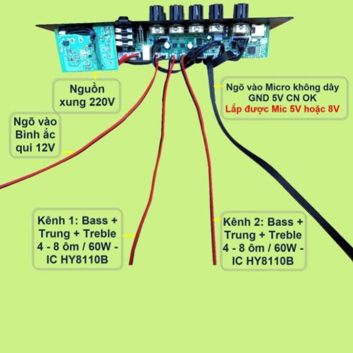 Mạch loa kéo Livestream 2 kênh riêng biệt 2 IC HY8110B 60W + 60W DSP lập trình chống hú có nguồn xung 220V