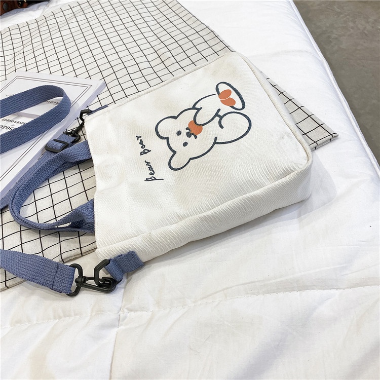 Túi Xách Vải canvas Đeo Vai In Hình Gấu Dễ Thương Dành Cho Nữ