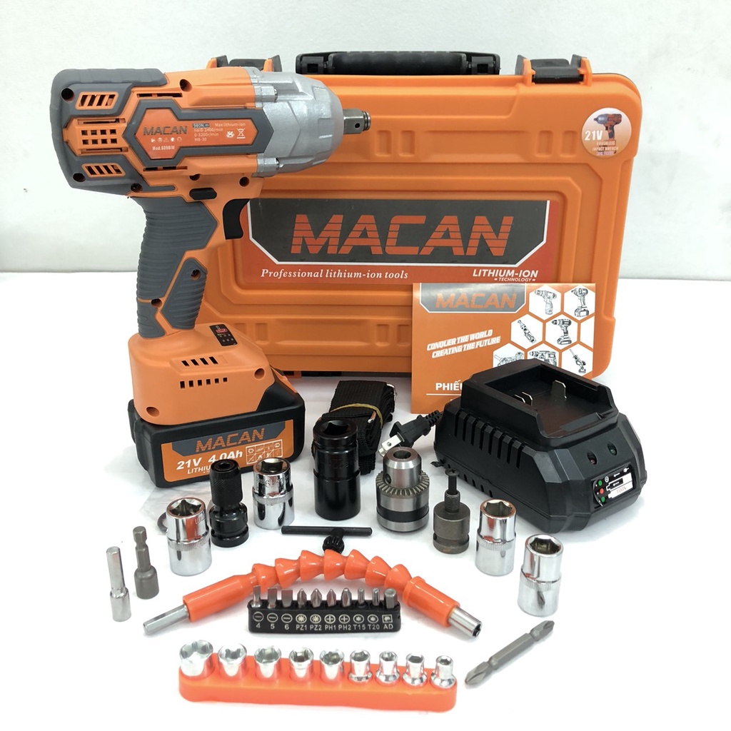 Máy Siết Bulong MACAN 98Vf Lực Siết Khủng 980Nm, 2 Pin, Động Cơ Không Chổi Than, Tặng Phụ Kiện Như Hình