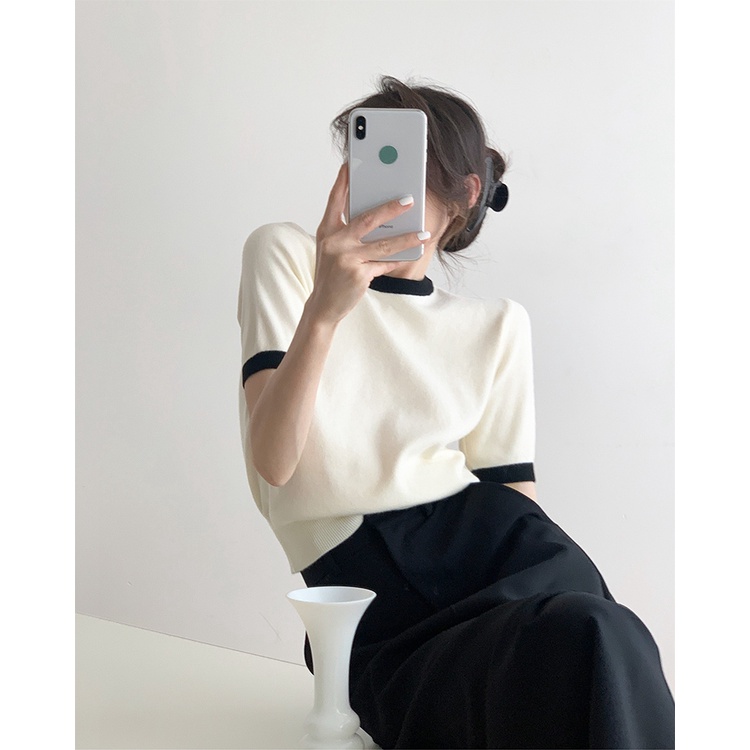 Porozi  Áo thun dệt kim  tay ngắn cổ tròn màu sắc tương phản phong cách Hàn Quốc cho nữ 3 màu tùy chọn