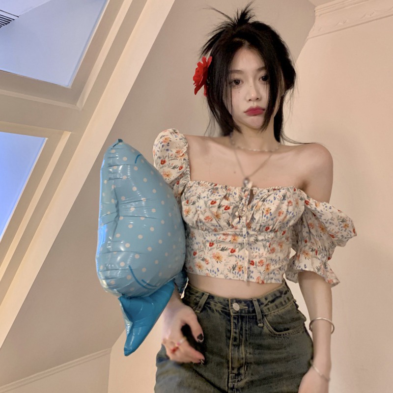 Áo Kiểu Tay Ngắn Phối Ren Hoa Phong Cách Hàn Quốc Thời Trang Cho Nữ