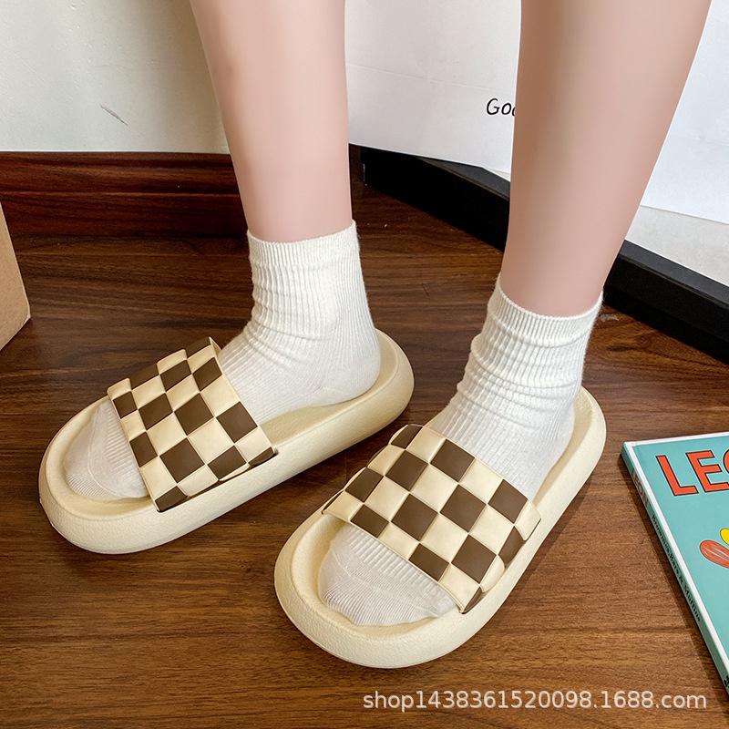 Dép nữ đế bánh mì, dép quai ngang kẻ caro chất liệu cao su non siêu êm size từ 36-41