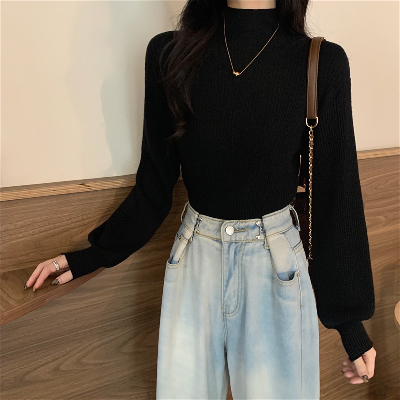 IELGY    Áo sweater Tay Dài Cổ Cao Màu Trơn Thời Trang Cho Nữ