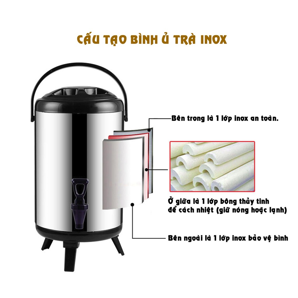 Bình Ủ Trà Sữa 3 Lớp Giữ Nhiệt Inox 6L, 8L, 10L, 12L