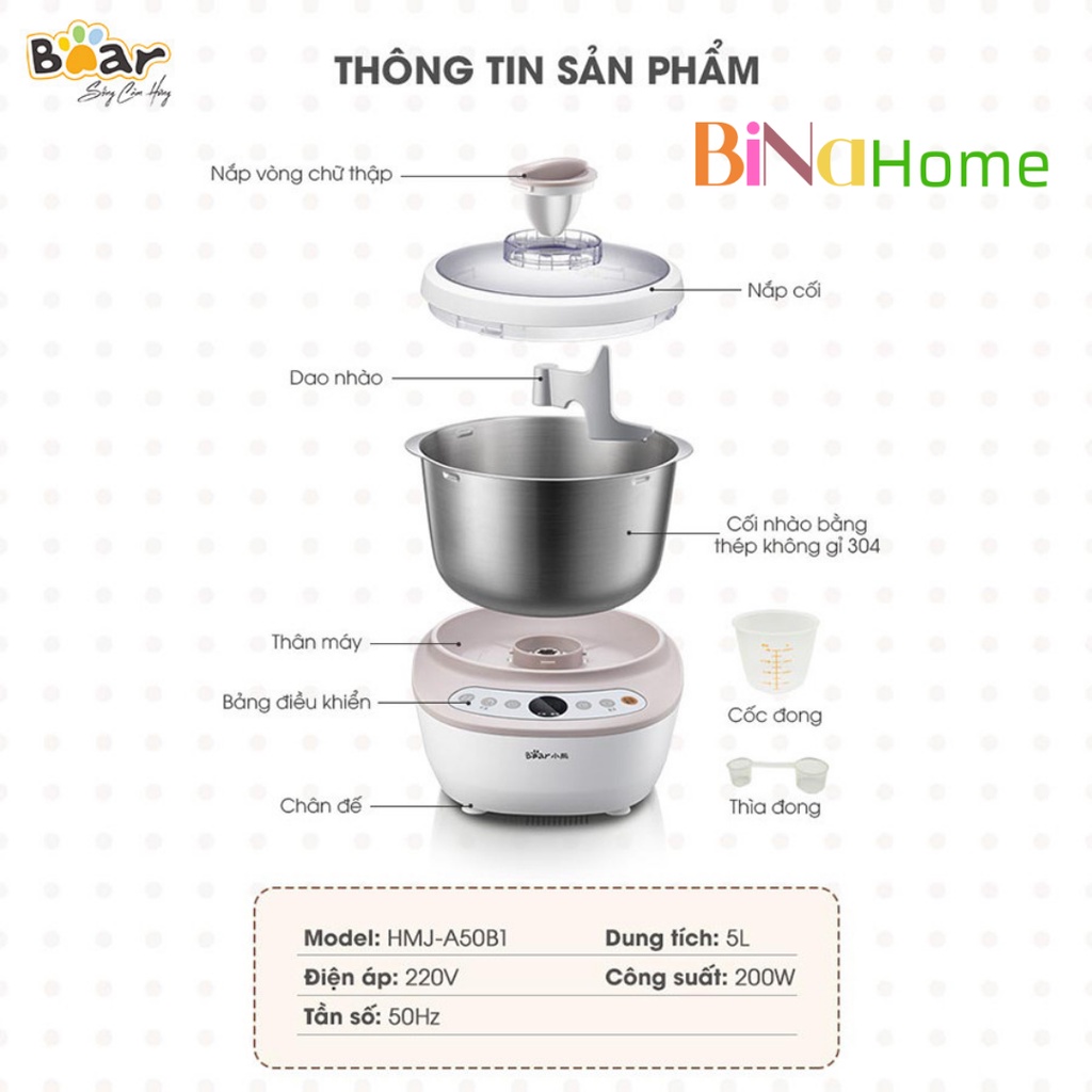 Máy Nhào Bột, Máy Nhồi Bột Tự Động Bear 3.5L, 5L, 7L Bear Nội Địa, Quốc Tế DM-B50V1
