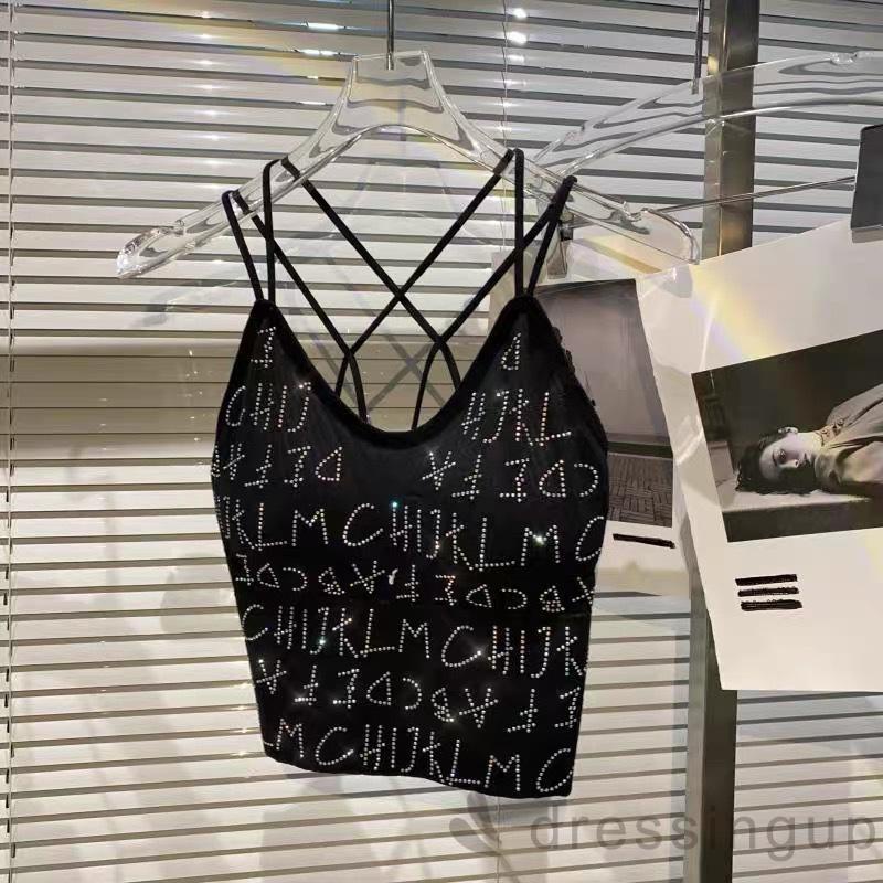 Áo Hai Dây Mỏng Hở Lưng In Chữ Đính Đá Cho Nữ