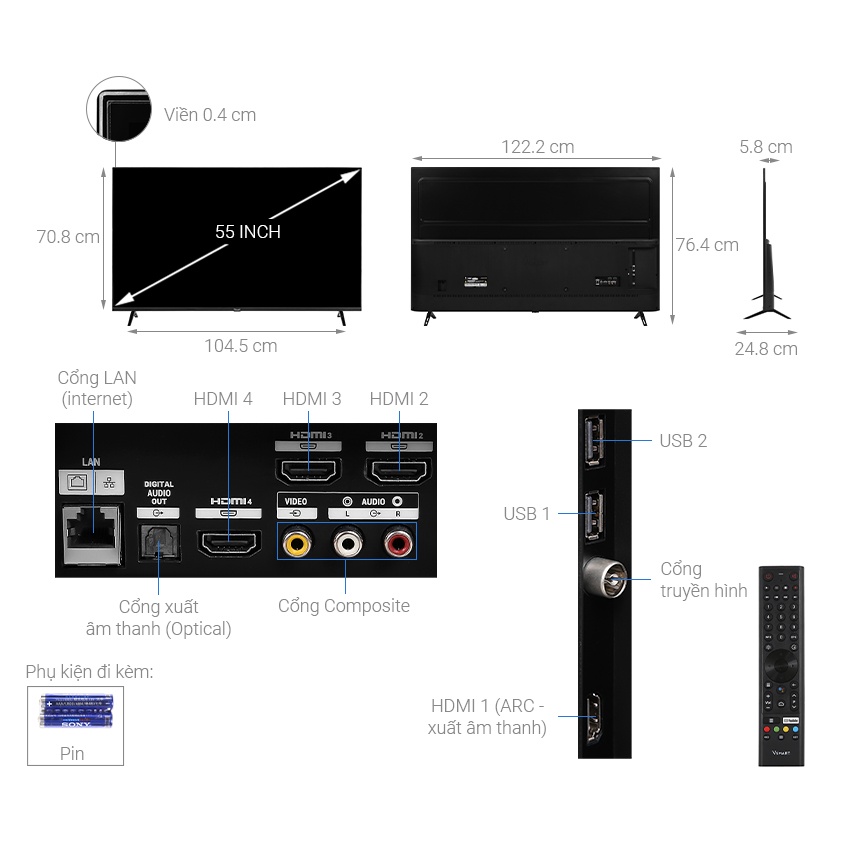 Android Tivi Vsmart 4K 55 inch 55KE8500 , Remote tích hợp micro tìm kiếm bằng giọng nói, GIAO HÀNG MIỄN PHÍ HCM