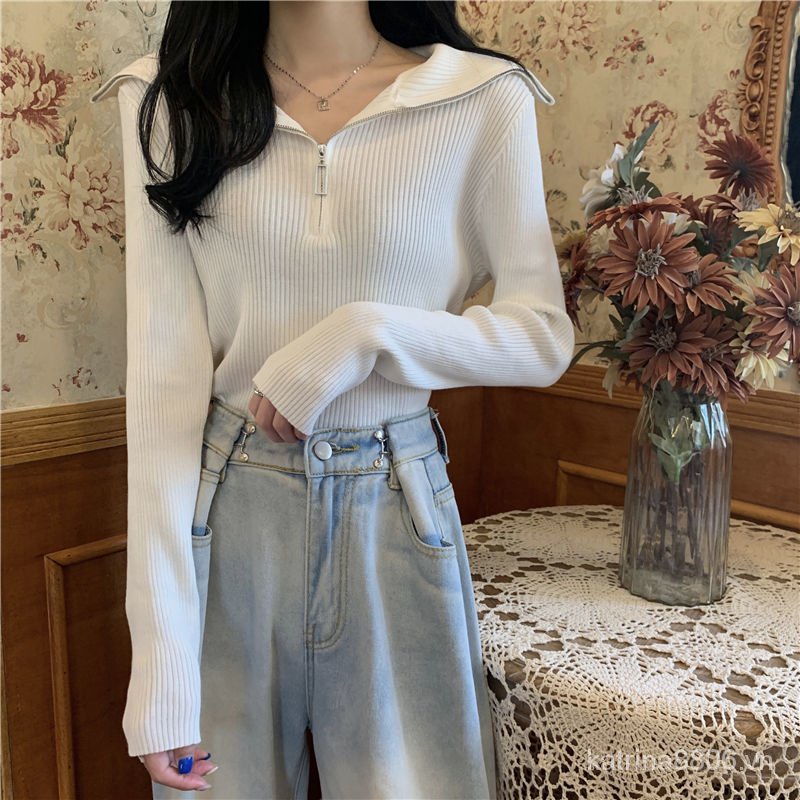 Áo khoác đen dài tay phối khóa kéo phong cách retro Hàn Quốc thời trang mùa thu 2021 cho nữ