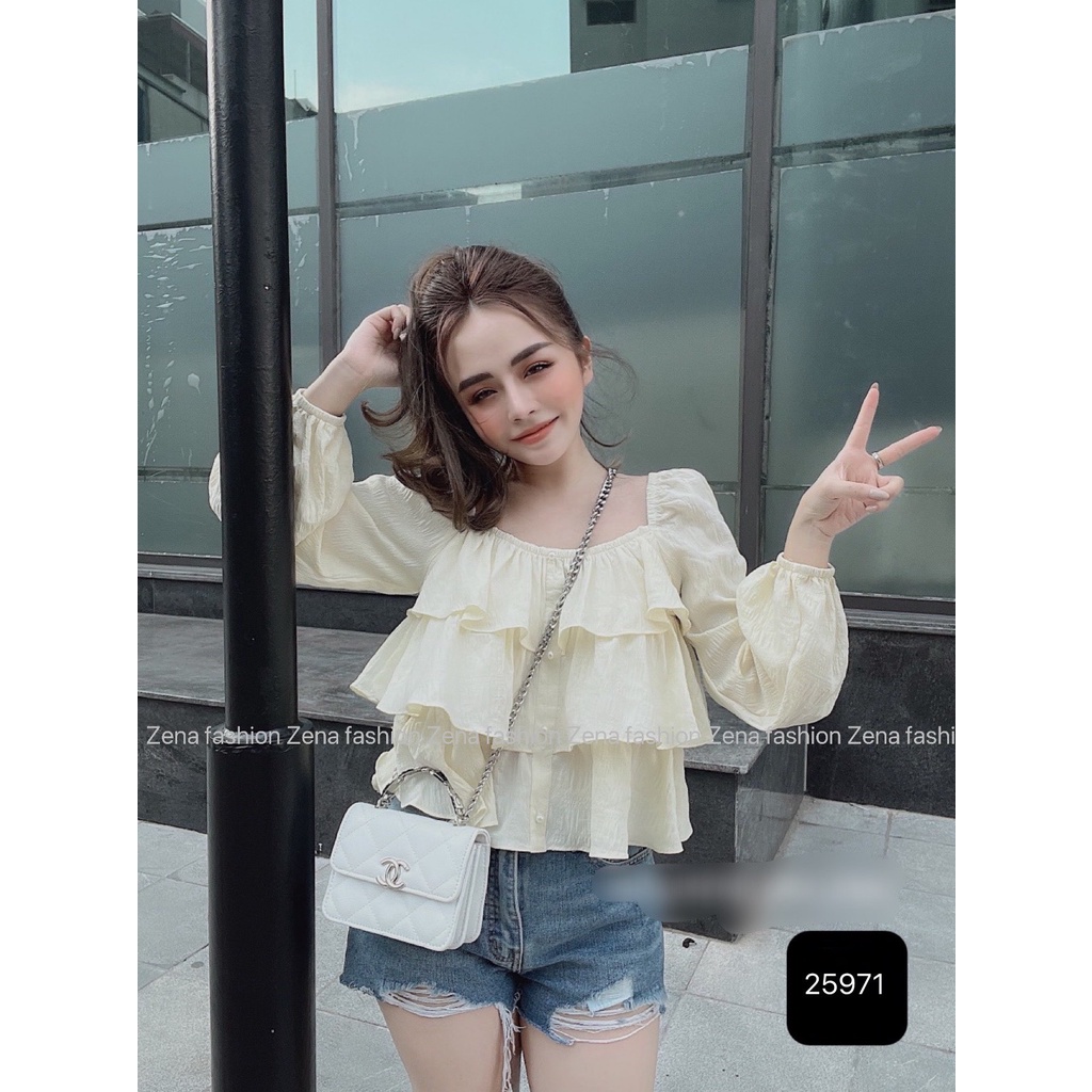 A25971 - Áo tơ nhăn cổ vuông cúc ngọc xòe 3 tầng NN