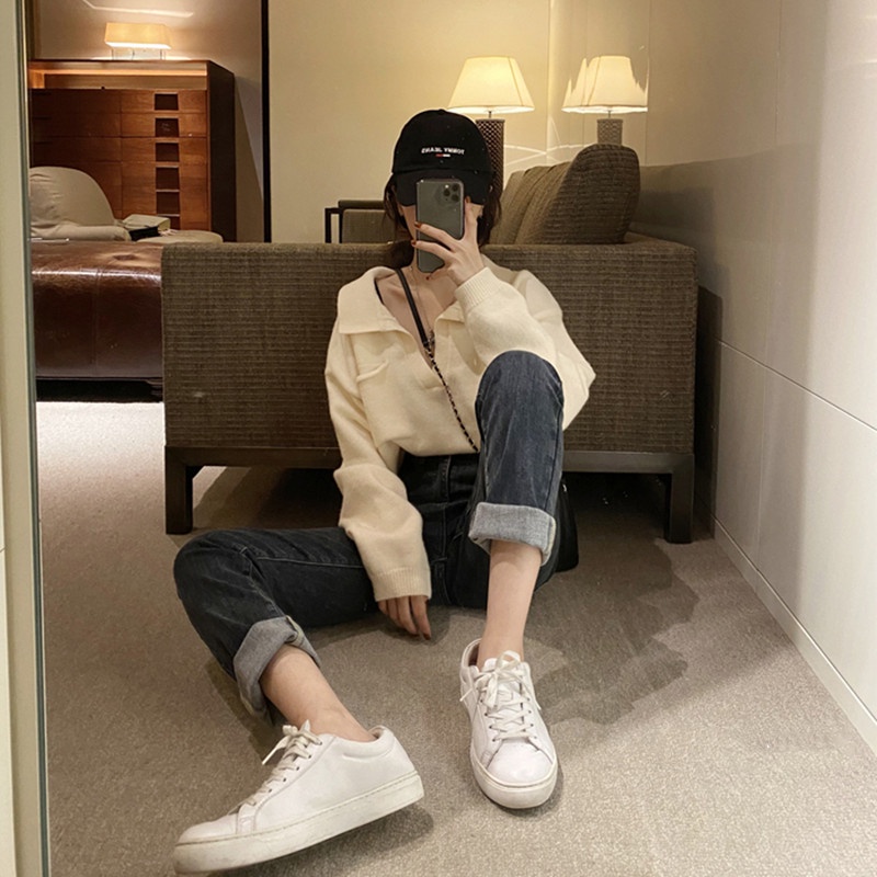 Áo sweater SUXI cổ polo dáng rộng phong cách vintage Hàn Quốc cho nữ