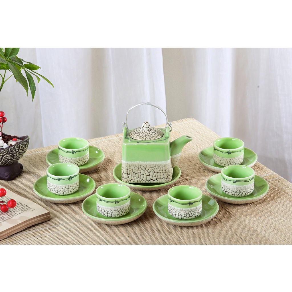 Bộ ấm chén bát tràng men rạn lưới ấm vuông quai nhôm