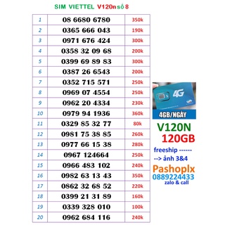 Sim Viettel v120n số đẹp 8 120k đăng ký V120n = 60gb (2gb x 30 ngày), gọi miễn phí.