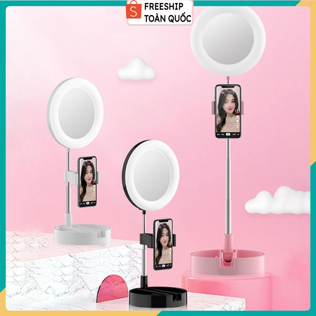 ĐÈN LED LIVESTREAM G3 TÍCH HỢP GƯƠNG TRANG ĐIỂM KÈM GIÁ ĐỠ ĐIỆN THOẠI ĐỂ BÀN CÓ THỂ GẤM GỌN ĐA NĂNG . .