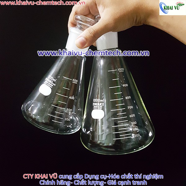 [HÃNG IWAKI - NHẬT] Bình tam giác Erlenmeyer thủy tinh chịu nhiệt 500ml 1000ml CÓ NÚT NHÁM KÈM