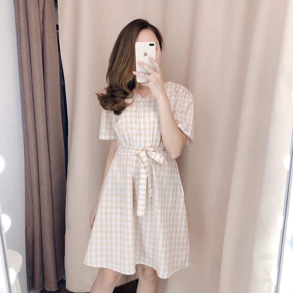 sỉ váy kẻ karo màu đỏ và vàng cho nữ hàng chất