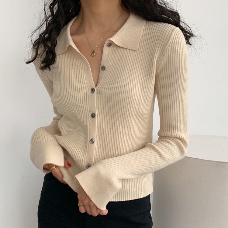 Áo khoác Cardigan dệt kim cổ POLO dáng ôm ngắn phong cách cổ điển thời trang cho nữ