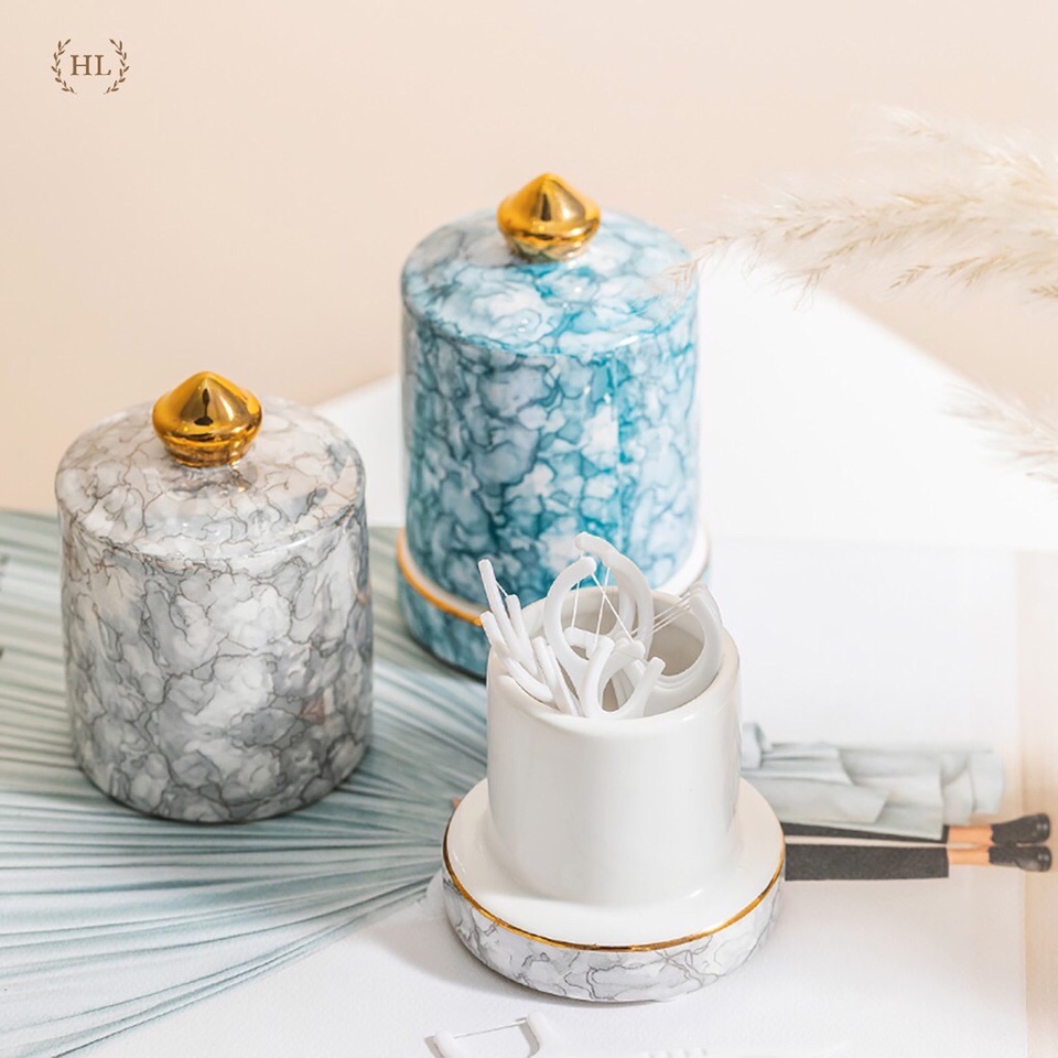 Lọ đựng tăm bằng sứ xanh/ trắng, lọ tăm họa tiết vân đá 3D-HL