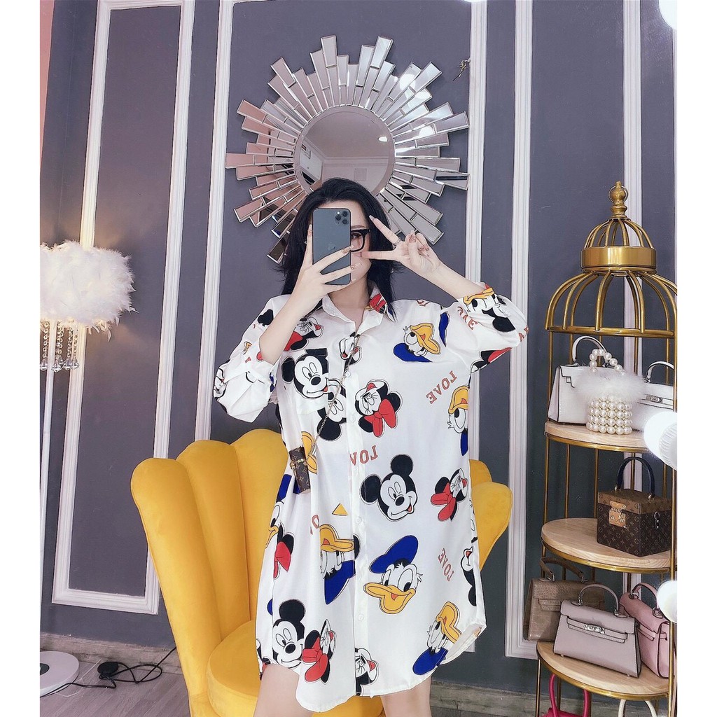 Áo sơ mi form rộng dài in hình mickey xinh xuất sắc TTSA0299