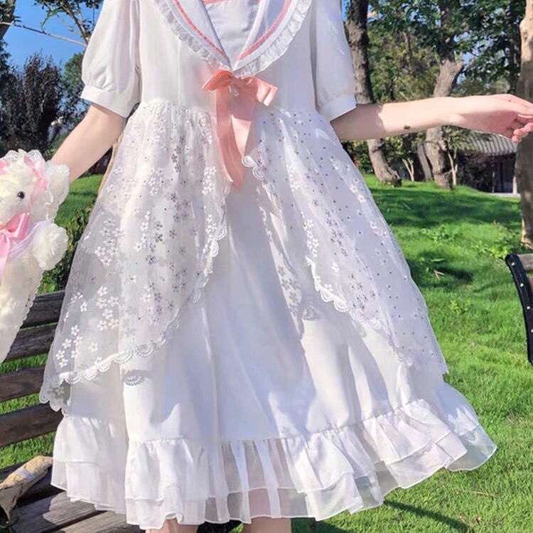 Đầm Công Chúa Dáng Rộng Phối Lưới Màu Trắng Phong Cách lolita Nhật Bản váy babydoll