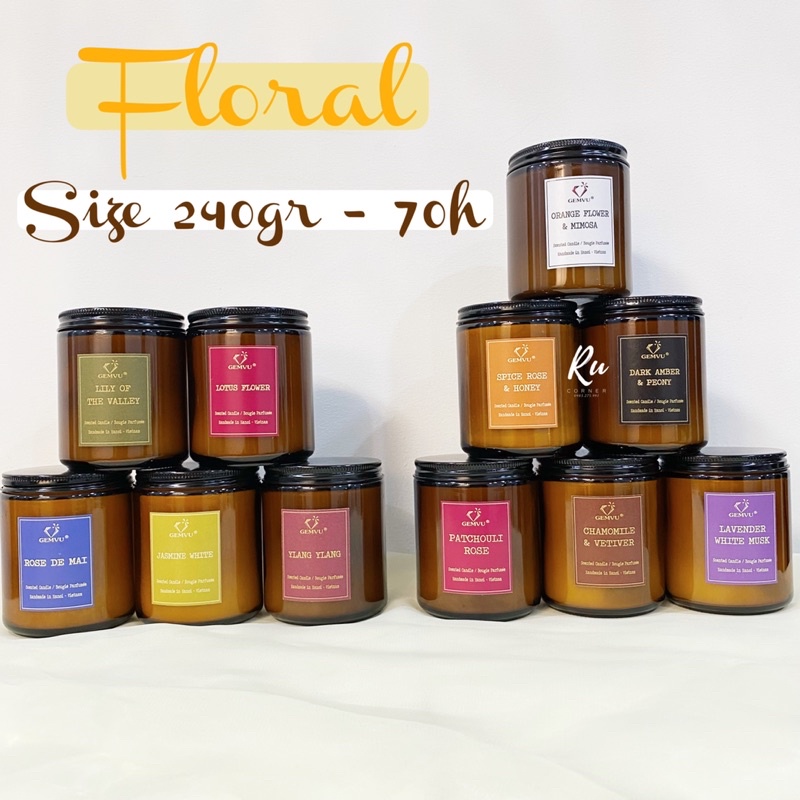 nến thơm GEMVU các mùi hương hoa kinh điển, hoa hồng, sen, lily lan chuông, ylang ylang, nhài trắng 112/240gr