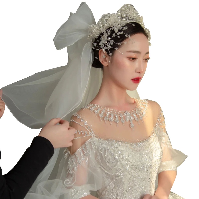 Mạng Che Mặt Bằng Vải Tuyn Màu Trắng Đính Hoa Và Ngọc Trai Cho Cô Dâu