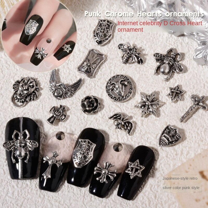 Đồ trang sức nghệ thuật móng tay hợp kim bạc cổ điển / Lá chắn kim loại hình lục giác hình ngôi sao chéo Chloe hình trái tim trang trí móng tay / trang trí móng tay phong cách punk