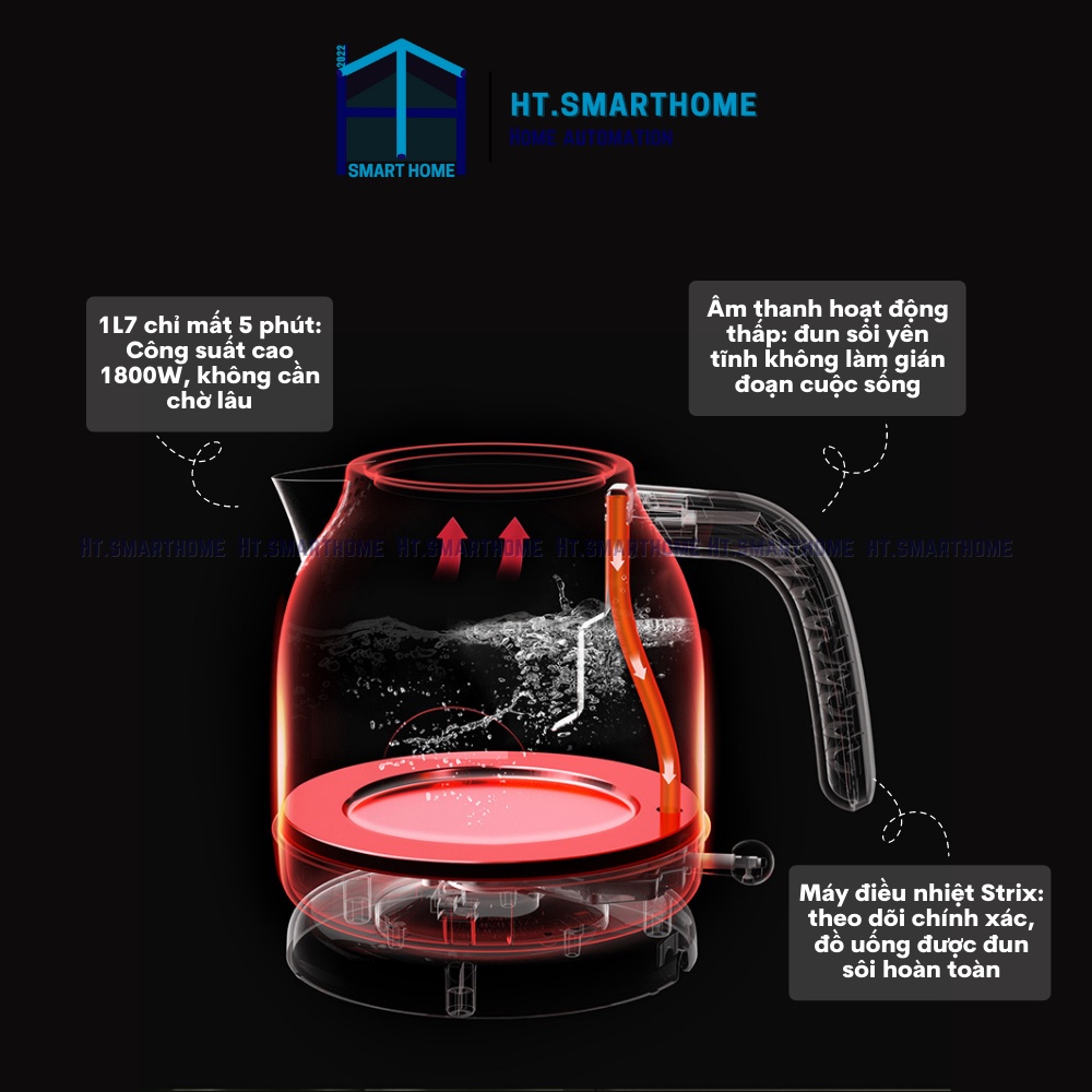 Ấm siêu tốc Ocooker 1.7L phong cách Retro cổ điển - Ấm đung nước 1800w có đồng hồ hiển thị nhiệt độ